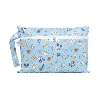Blue wet/dry clutch featuring Mickey and Minnie Mouse among colorful food and dessert illustrations.