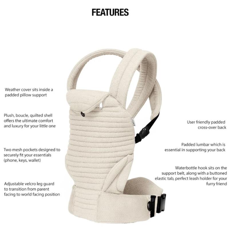 Bumpsuit The Armadillo Baby Carrier in Cloud color features a plush, quilted design with padded support, mesh pockets, and adjustable straps.