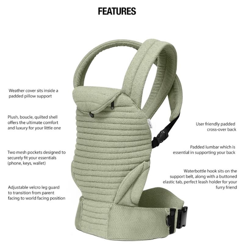 Bumpsuit The Armadillo Baby Carrier in Matcha, featuring plush, quilted fabric, padded straps, and adjustable leg guard.