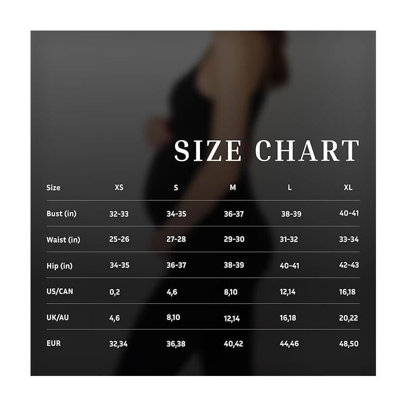 Size chart for The Kate Bumpsuit in black, detailing bust, waist, and hip measurements for sizes XS to XL.