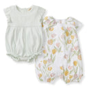 Two-pack bubble romper set featuring a solid light green romper and a floral tulip-patterned romper.