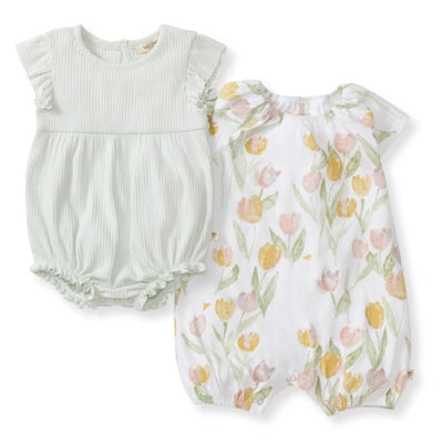 Two-pack bubble romper set featuring a solid light green romper and a floral tulip-patterned romper.
