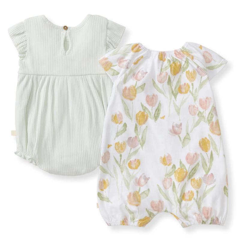 Burts Bees 2Pk Tulip Field Bubble Romper Set featuring a ribbed mint romper and a floral tulip print romper.