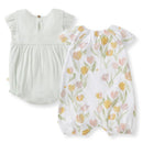 Burts Bees 2Pk Tulip Field Bubble Romper Set featuring a ribbed mint romper and a floral tulip print romper.