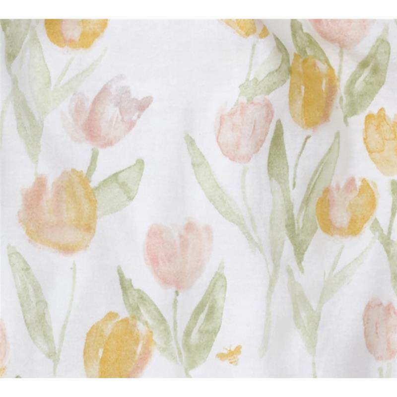 Floral pattern featuring pink and yellow tulips with green leaves on a white background, for a children’s romper set.