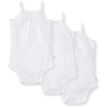 Three white short and long sleeve one-piece bodysuits for babies, featuring snaps at the bottom for easy changing.