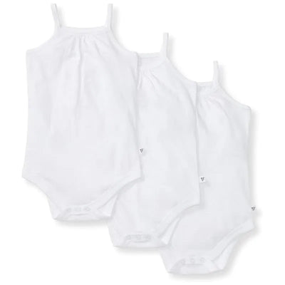 Three white short and long sleeve one-piece bodysuits for babies, featuring snaps at the bottom for easy changing.