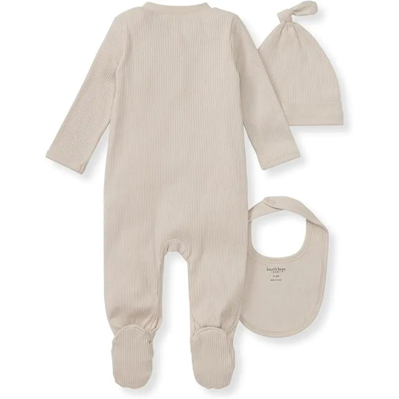 Burts Bees 3-pack jumpsuit, hat, and bib set in limestone color with ribbed texture and soft, cozy design.