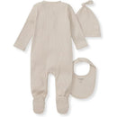 Burts Bees 3-pack jumpsuit, hat, and bib set in limestone color with ribbed texture and soft, cozy design.