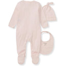 Burts Bees 3Pk set featuring a light pink ribbed jumpsuit, matching hat, and bib, designed for infants.