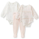 Three-piece baby girl outfit set featuring a long-sleeve white bodysuit, a pink striped bodysuit, and matching pink pants.