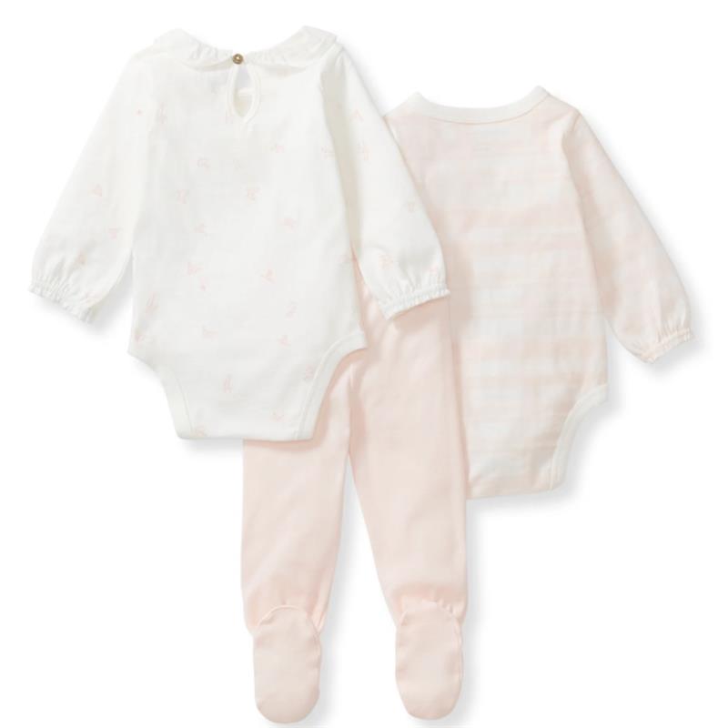 Three-piece baby girl outfit set including two bodysuits: one white with pink patterns and one pink-striped, plus matching pants.