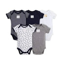 Five short sleeve bodysuits in various colors: navy striped, solid navy, white, gray, and a white pattern with butterflies.