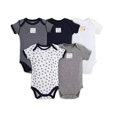 Five short sleeve bodysuits in various colors: navy striped, solid navy, white, gray, and a white pattern with butterflies.