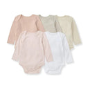Five long sleeve bodysuits for baby girls in pink and neutral tones, featuring soft fabrics and snap closures.