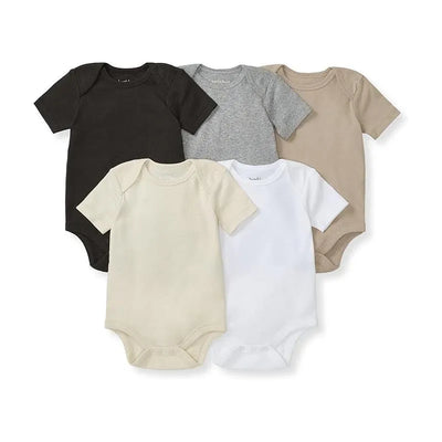 Five unisex short sleeve bodysuits in ash colors: black, gray, beige, white, and cream, displayed together.