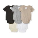 Five-pack of Burts Bees baby unisex short sleeve bodysuits in black, gray, beige, cream, and white.
