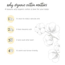 Four reasons why organic cotton is best for babies: soft on skin, heavenly soft, long-lasting, and eco-friendly.