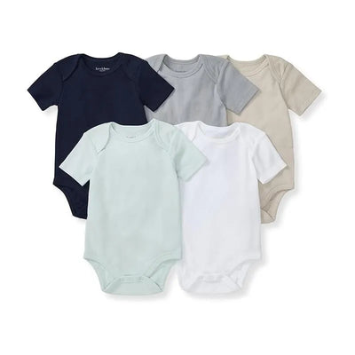 Five short sleeve bodysuits for babies in solid colors: navy, light green, white, grey, and beige.