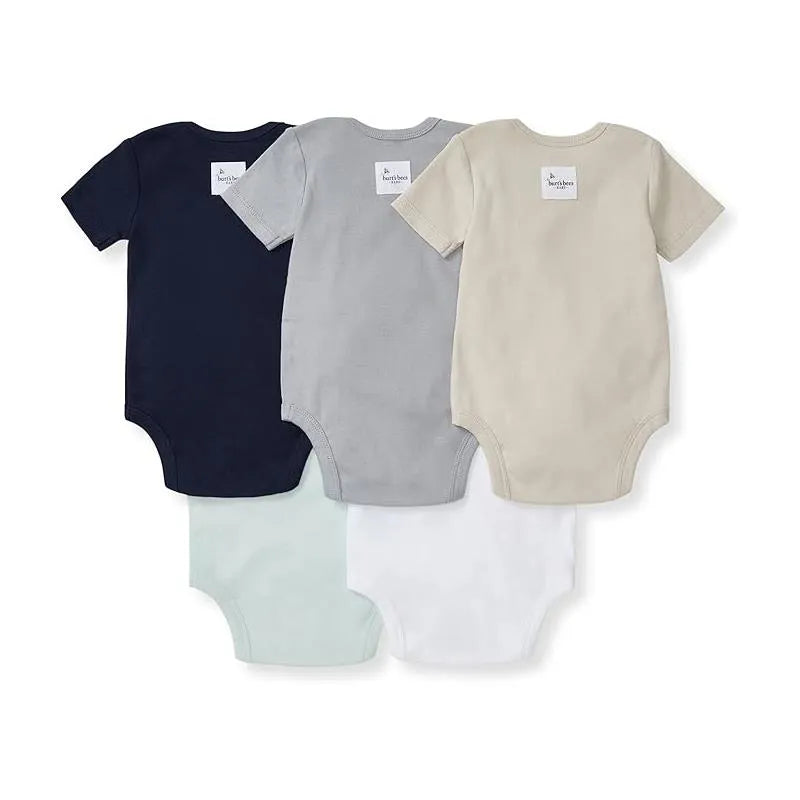 Five short sleeve baby bodysuits in solid colors: navy, gray, beige, mint, and white, featuring a central brand label.