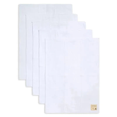 Burts Bees 5-pack of organic burp cloths in white, featuring a small logo tag, designed for baby use.