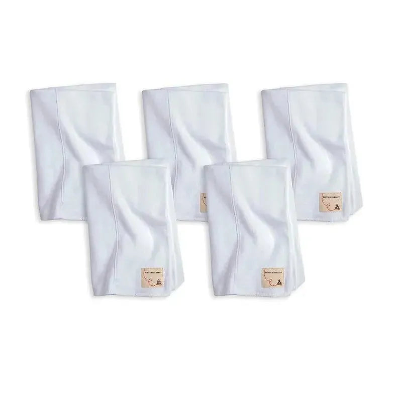 Five white organic burp cloths from Burt’s Bees, each featuring a small branded tag.