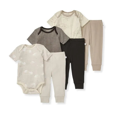 Burts Bees 6-pack baby unisex organic cotton bodysuit and pant set in limestone featuring various designs and colors.