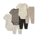 Unisex organic cotton bodysuits and pants in a limestone color set, featuring various patterns and textures.