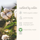 100% organic cotton plant with product assurances: earth-friendly, combed, ring spun yarn, responsibly made, GOTS certified.