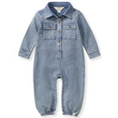 Acid wash infant jumpsuit in Flint color, featuring button-up front, two chest pockets, and elasticized cuffs.