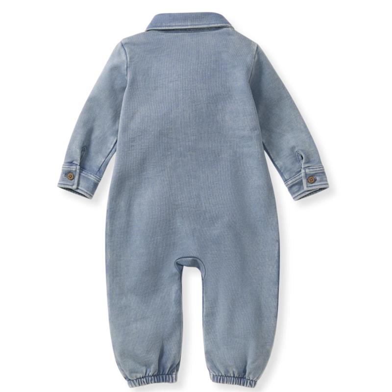 Acid wash infant jumpsuit in Flint color, featuring a collared neck, long sleeves, and cuffed ankles.