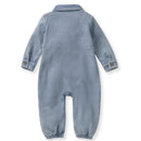 Acid wash infant jumpsuit in Flint color, featuring a collared neck, long sleeves, and cuffed ankles.