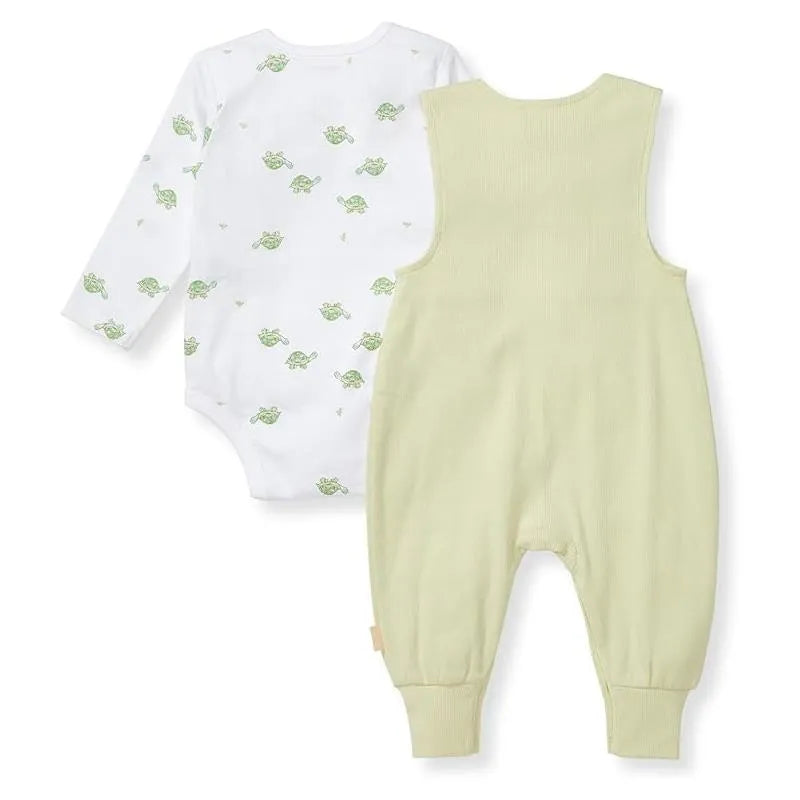 Baby boy jumpsuit and bodysuit set in mint tea, featuring a mint-colored ribbed jumpsuit and a white bodysuit with green tortoise prints.