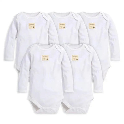 Five white long sleeve bodysuits for infants, size 3-6 months, featuring a small logo tag on each.