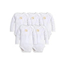 Long sleeve white bodysuits in a five-pack for infants aged 6-9 months, featuring a small logo tag.