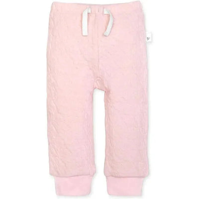 Baby girl knit jogger pants in a soft blossom pink, featuring an elastic waistband and cuffs for comfort.