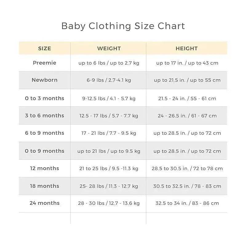 Baby clothing size chart detailing sizes, weight ranges, and height measurements for infants from preemie to 24 months.
