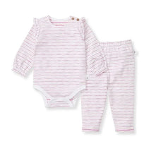 Baby girl bodysuit set featuring long sleeves, a slub stripe pattern in crocus colors, and matching pants.