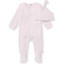 Baby girl ribbed jumpsuit set in sweet lavender, featuring a long-sleeve jumpsuit and matching knotted hat.