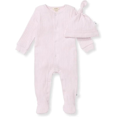 Baby girl ribbed jumpsuit set in sweet lavender, featuring a long-sleeve jumpsuit and matching knotted hat.