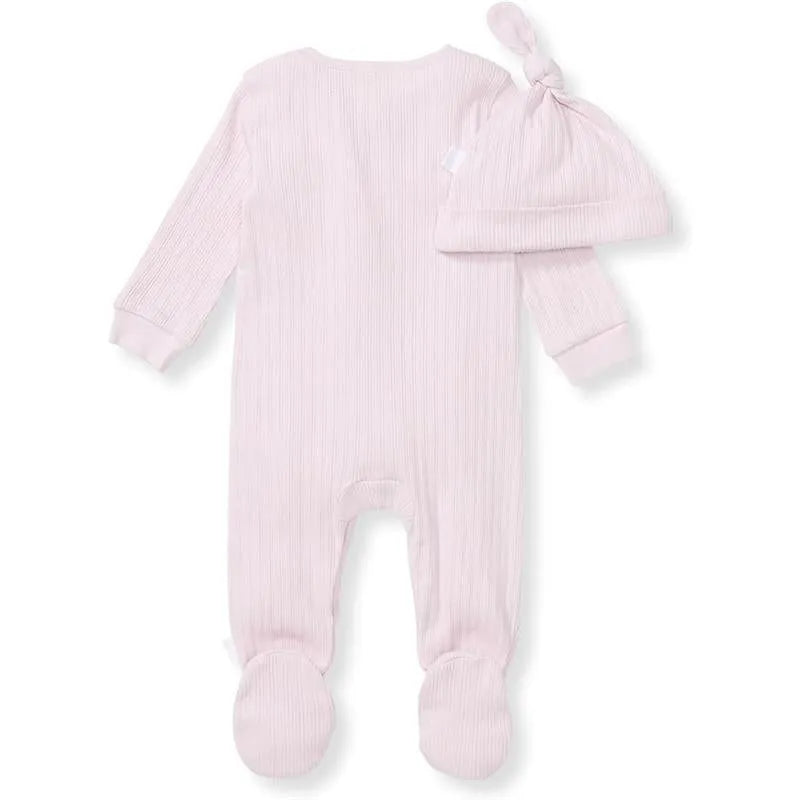 Baby girl ribbed jumpsuit set in sweet lavender, featuring a long-sleeve design with footed bottoms and a matching knotted hat.