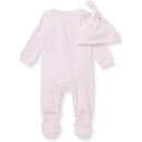 Baby girl ribbed jumpsuit set in sweet lavender, featuring a long-sleeve design with footed bottoms and a matching knotted hat.