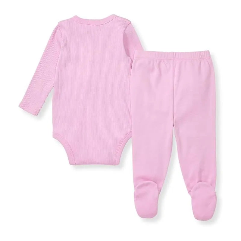 Light pink baby girl wrap front bodysuit and matching pants set, featuring ribbed texture and footed design.