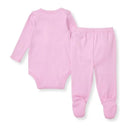 Light pink baby girl wrap front bodysuit and matching pants set, featuring ribbed texture and footed design.