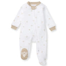 White baby sleep and play suit with a golden bee print and beige trim, featuring a bee design on the foot.