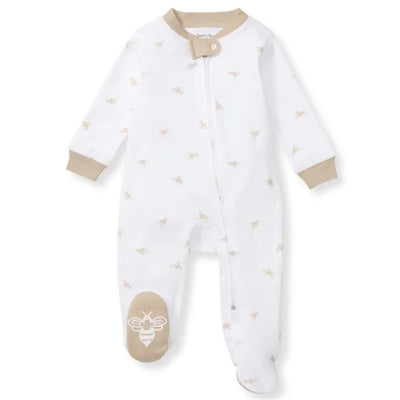 White baby sleep and play suit with a golden bee print and beige trim, featuring a bee design on the foot.