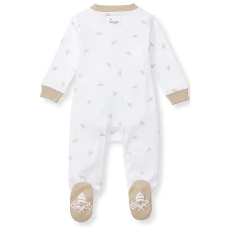 Burts Bees Baby Golden Bee Sleep & Play in hummus color, featuring a white background with golden bee patterns and footed design.