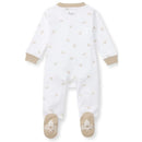 Burts Bees Baby Golden Bee Sleep & Play in hummus color, featuring a white background with golden bee patterns and footed design.