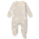 Baby sleep and play in limestone color with cloud print, featuring zip closure and footed design for comfort.