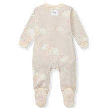 Baby sleep and play onesie in limestone color, featuring a cloud pattern and footed design with a tag at the neck.